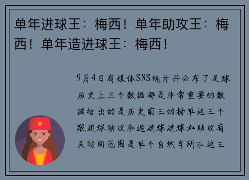 单年进球王：梅西！单年助攻王：梅西！单年造进球王：梅西！