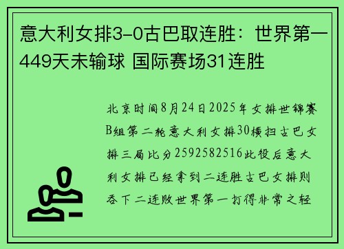 意大利女排3-0古巴取连胜：世界第一449天未输球 国际赛场31连胜